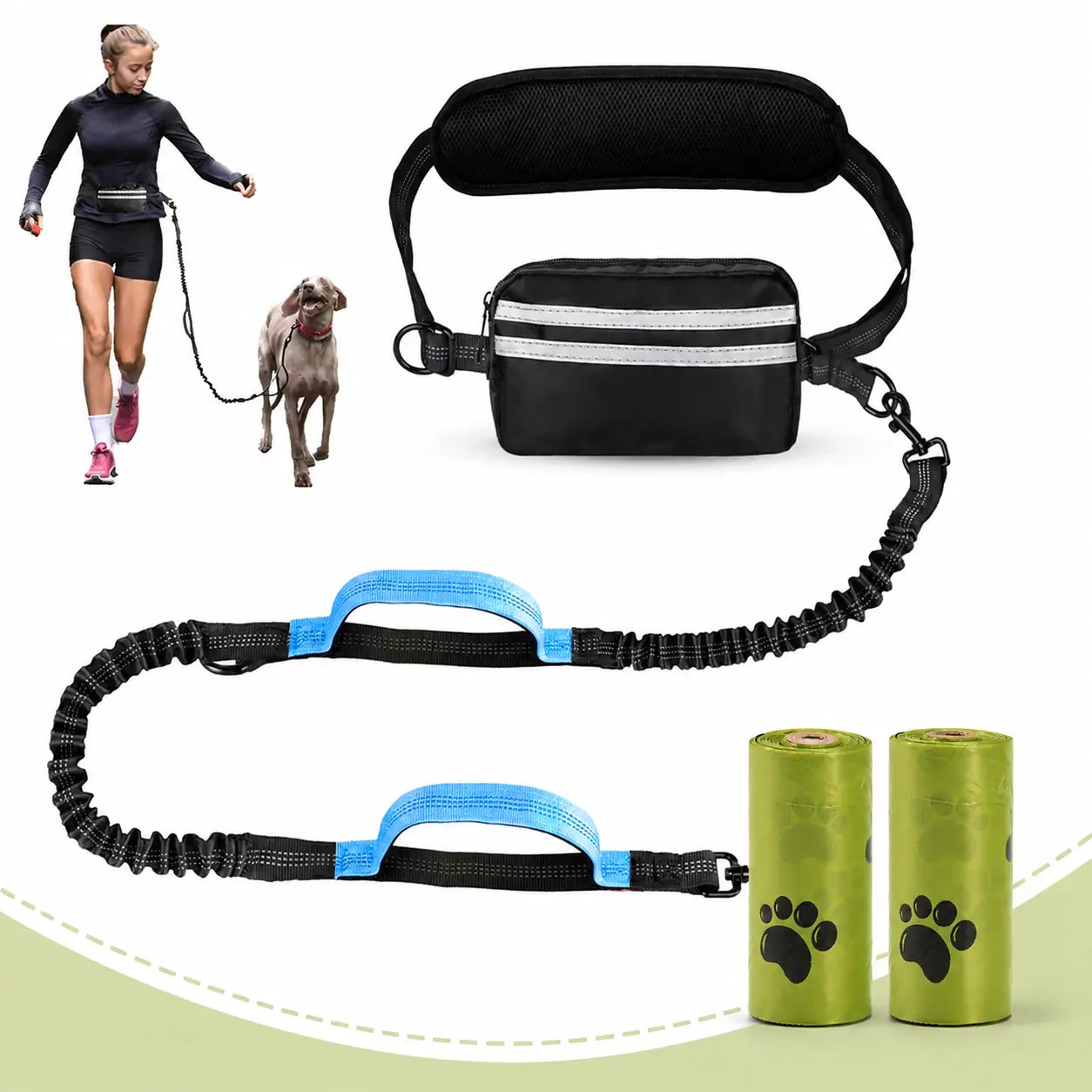 Pipidodo Hands-Free Dual Dog Leash — Walk Two Dogs at Once with Waist Bag & Cushioned Pad | Tangle-Free, Shock-Absorbing | Adjustable Waist Belt for Walking, Running & Hiking