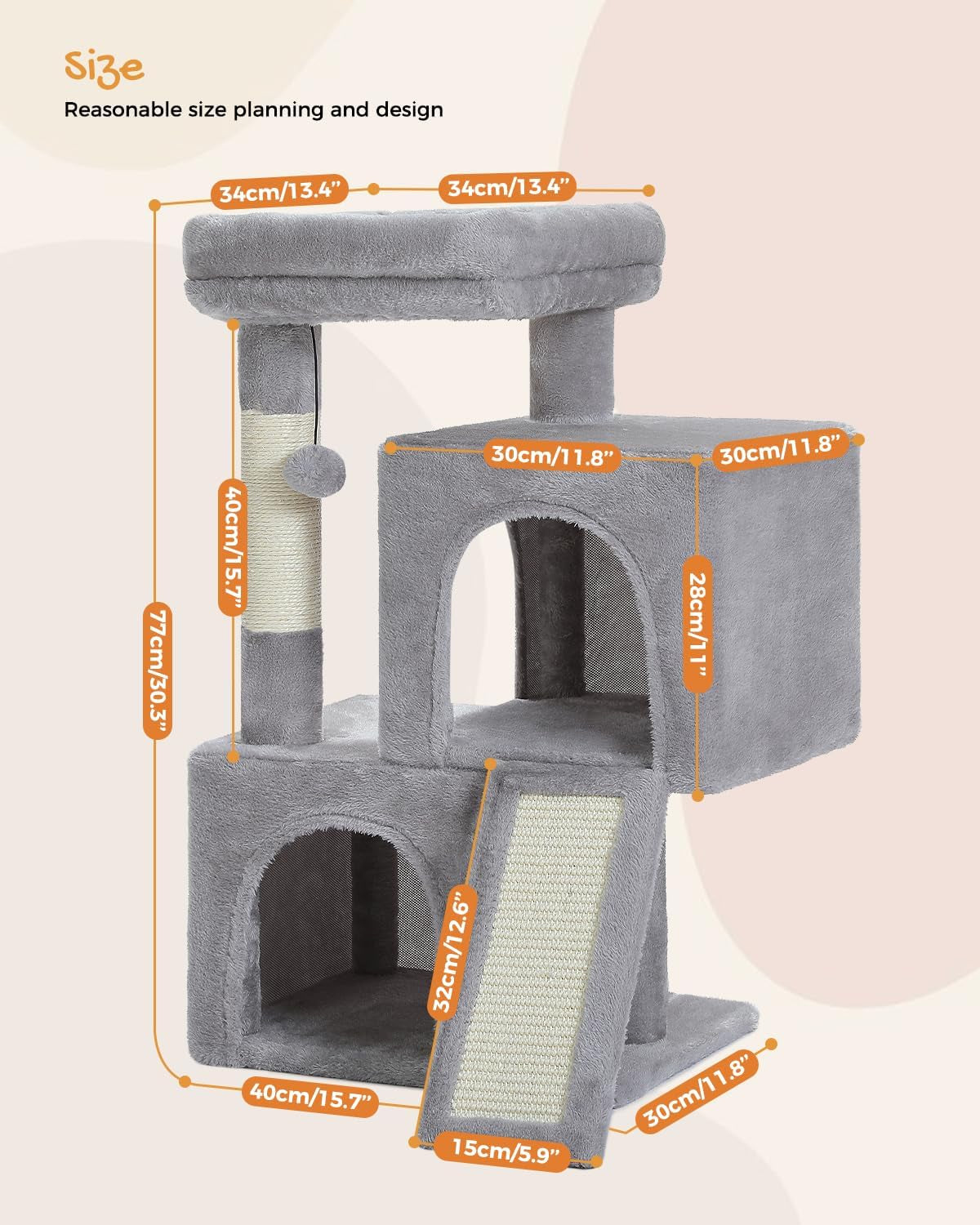 Cat Tree 30" — Dual Condos, Padded Perch, Scratching Ramp & Posts, 2 Dangling Balls | Plush Cat Tower for Indoor Cats | Sturdy, Wall-Anchorable | Gray
