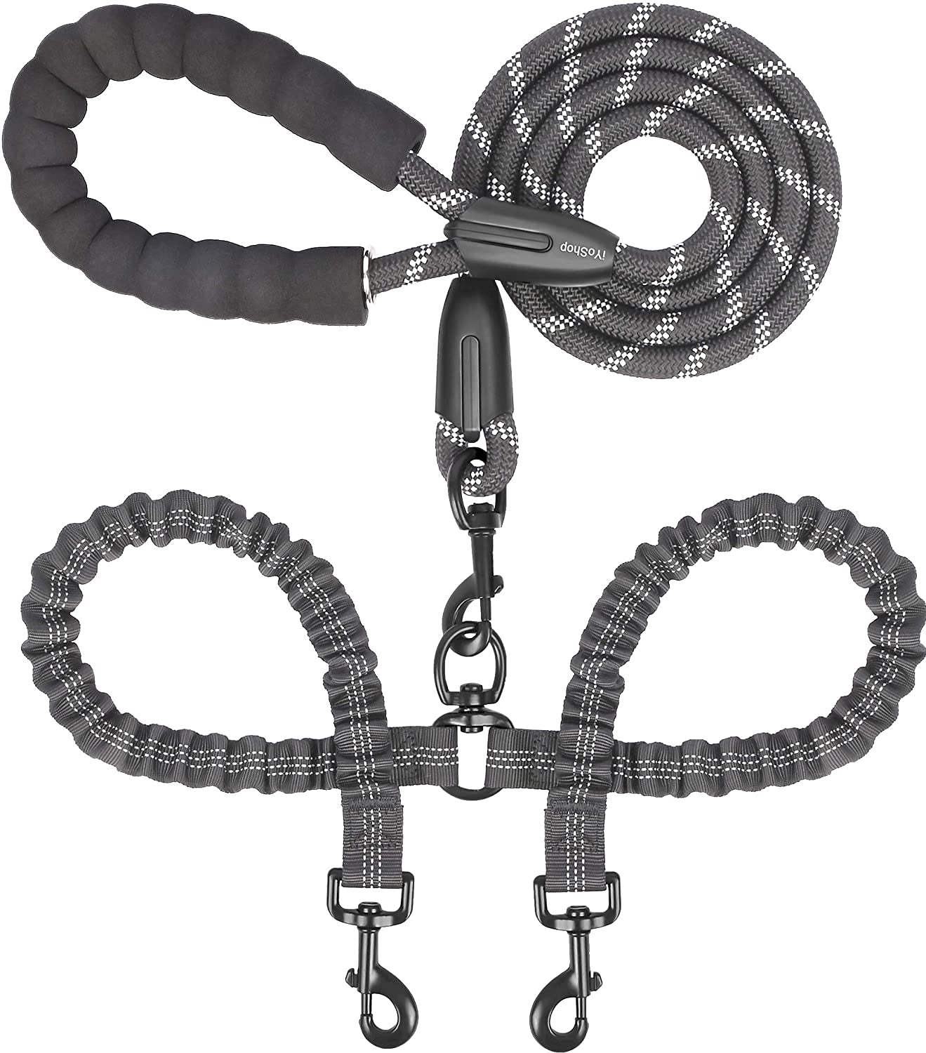 iYoShop Dual Dog Leash — 360° Swivel, No-Tangle Double Walking Leash with Shock-Absorbing Bungee | Padded Handle | For Two Large Dogs 25–150 lbs | Black