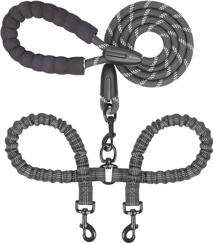 iYoShop Dual Dog Leash — 360° Swivel, No-Tangle Double Walking Leash with Shock-Absorbing Bungee | Padded Handle | For Two Large Dogs 25–150 lbs | Black