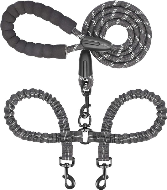 iYoShop Dual Dog Leash — 360° Swivel, No-Tangle Double Walking Leash with Shock-Absorbing Bungee | Padded Handle | For Two Large Dogs 25–150 lbs | Black