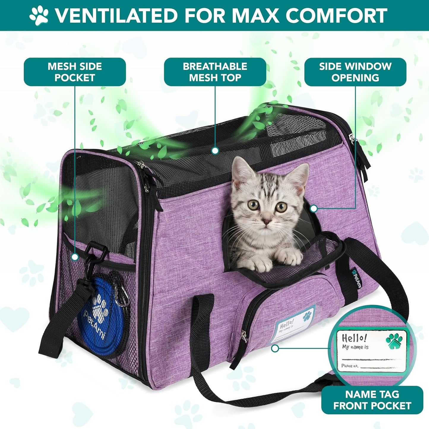 Airline Approved Pet Carrier — Soft-Sided TSA Travel Bag for Cats & Small Dogs up to 18 lbs | Sherpa Bed, Collapsible Bowl & Breathable Mesh | Large, Heather Purple