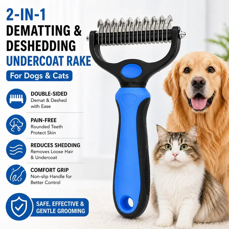 Pet Dematting Undercoat Rake — Double-Sided Deshedding Brush for Long-Haired Dogs & Cats | Pain-Free Tangle & Mat Remover | Reduces Shedding | For Huskies, Persians, Golden Retrievers & More