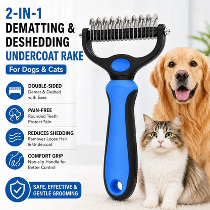 Pet Dematting Undercoat Rake — Double-Sided Deshedding Brush for Long-Haired Dogs & Cats | Pain-Free Tangle & Mat Remover | Reduces Shedding | For Huskies, Persians, Golden Retrievers & More