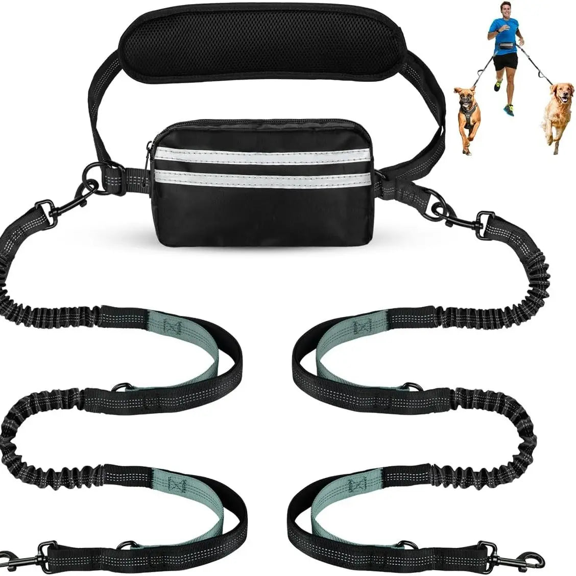 Pipidodo Hands-Free Dual Dog Leash — Walk Two Dogs at Once with Waist Bag & Cushioned Pad | Tangle-Free, Shock-Absorbing | Adjustable Waist Belt for Walking, Running & Hiking