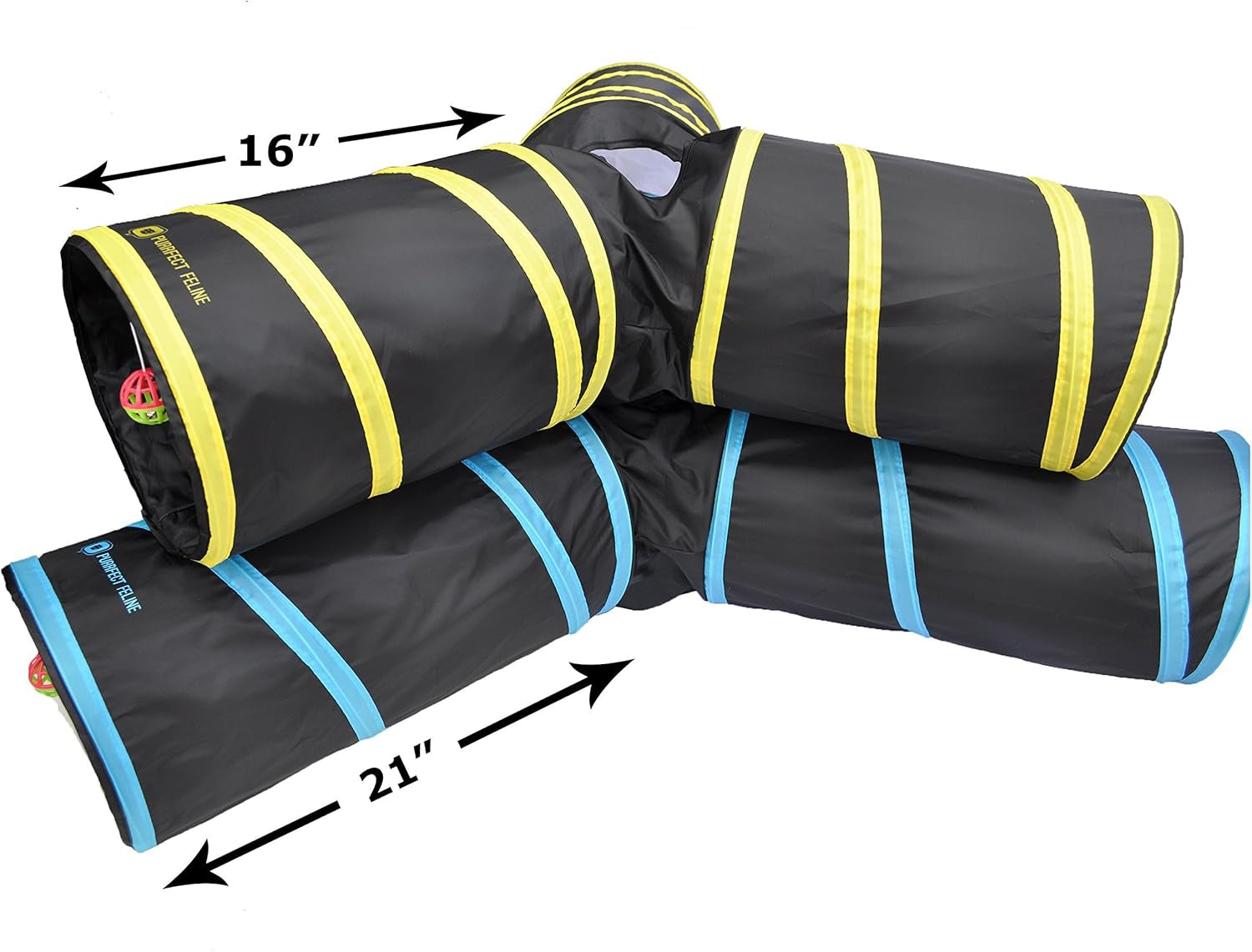 3-Way Cat Tunnel for Indoor Cats — Large Collapsible Play Tunnel with Crinkle Toy, Jingle Ball & Peephole | Durable, Steel Frame | For Cats, Rabbits & Small Pets | Blue