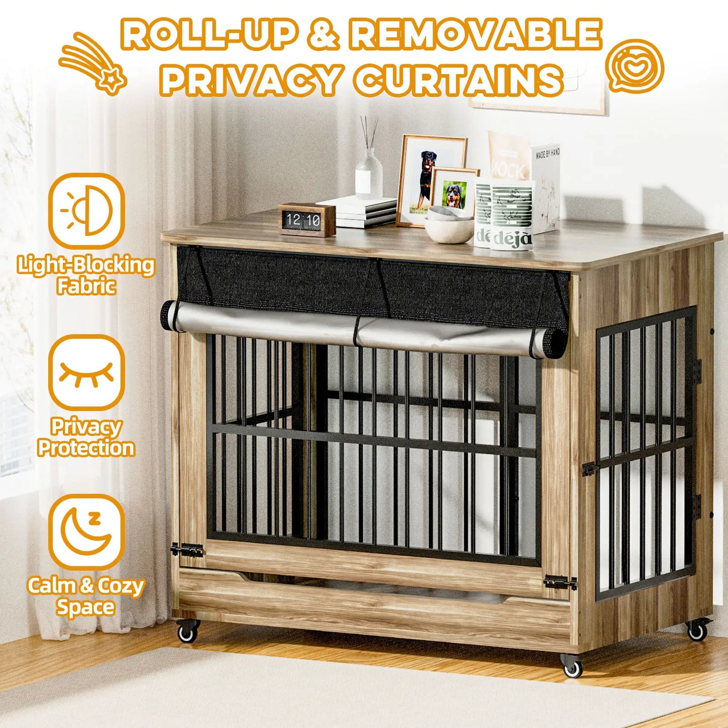 Luxury XL Wooden Dog Crate – Furniture-Style Kennel with Wheels, Double Doors & Reinforced Steel Bars