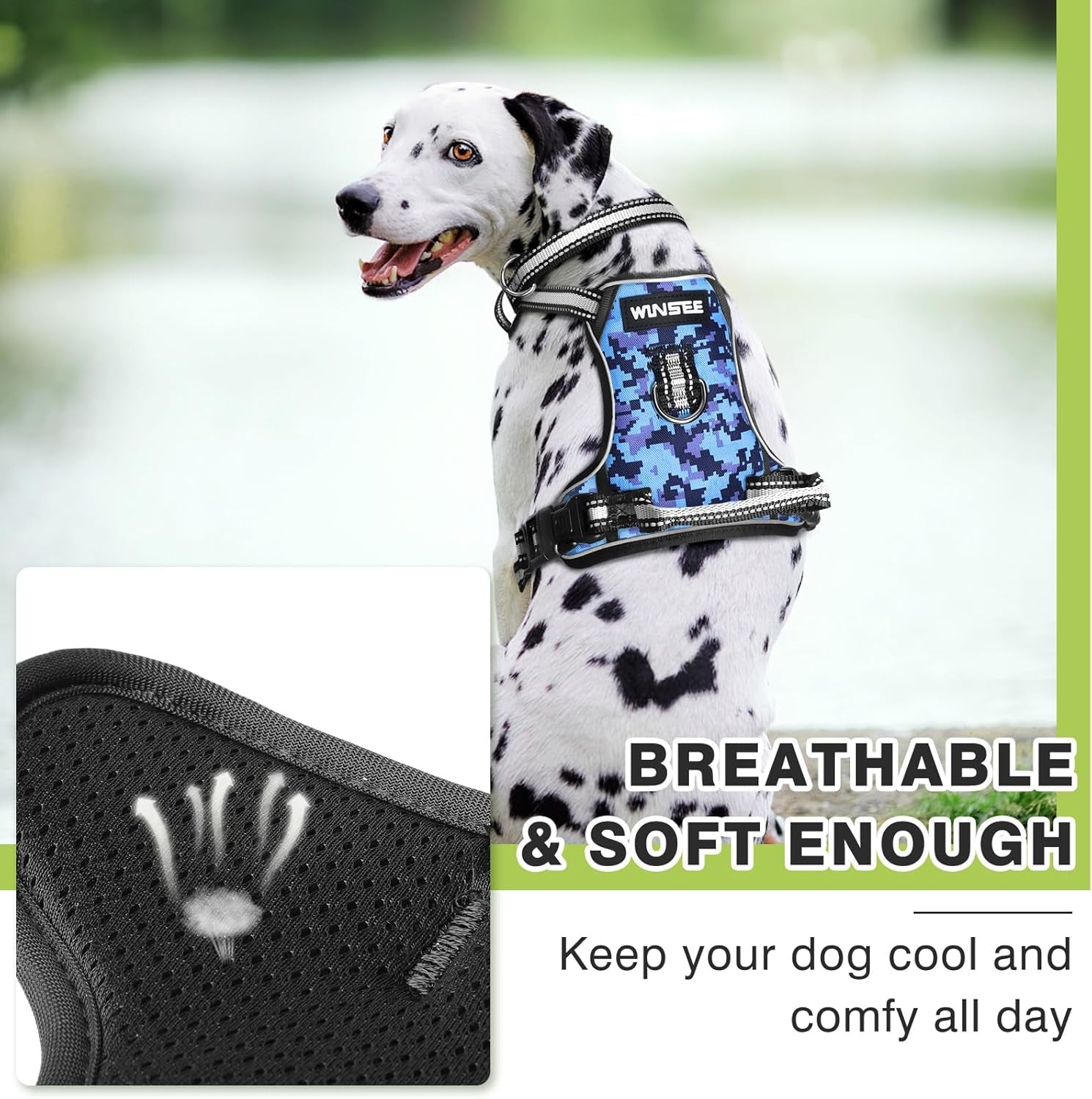 WINSEE No-Pull Dog Harness with Lockable Collar — Dual Front & Back Leash Clips, Reflective Straps & Top Handle | 1680D Oxford, Breathable Mesh | For Medium & Large Dogs