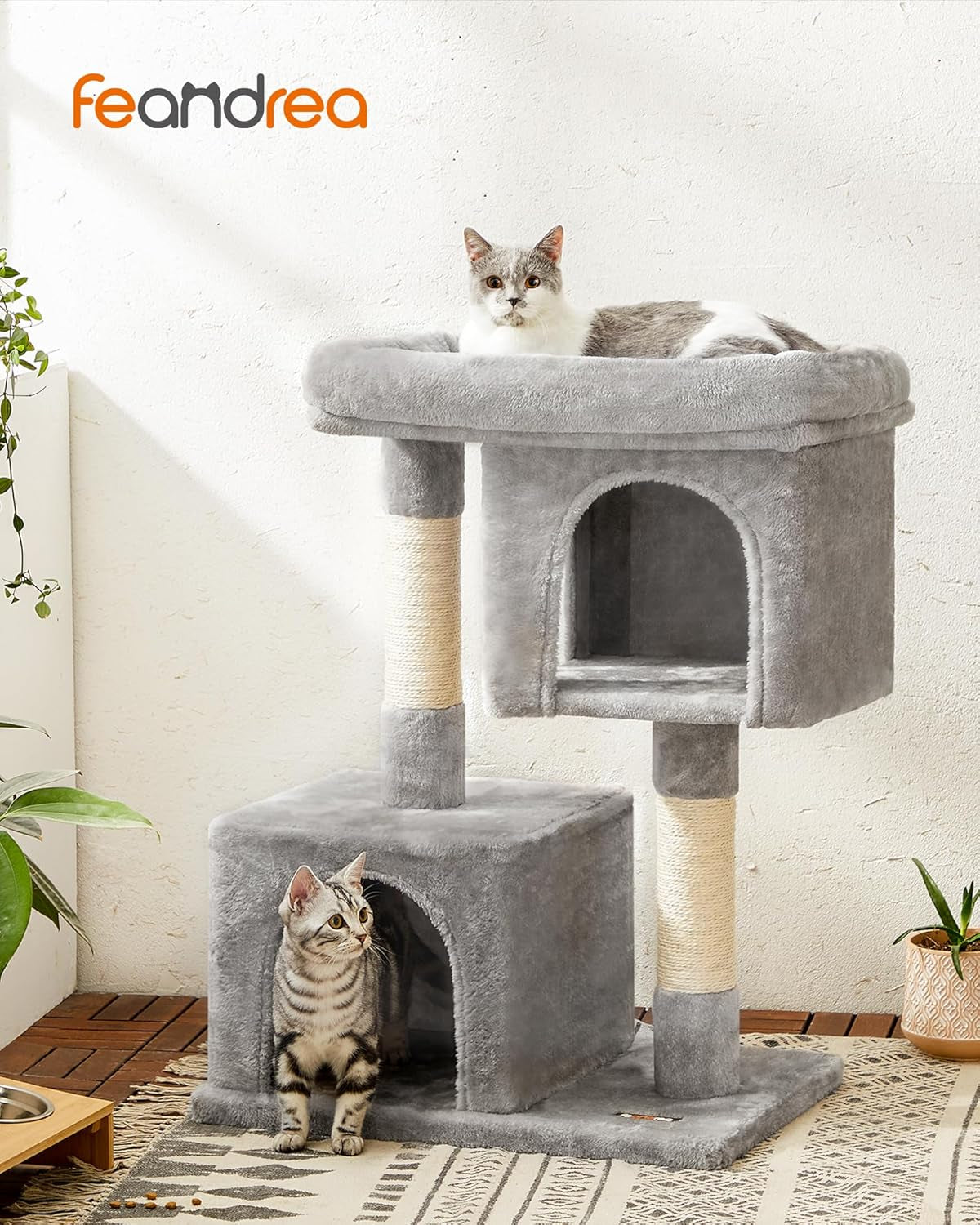 Cat Tree 33.1" — Large Perch, 2 Caves & 2 Scratching Posts | Plush Cat Tower for Large Cats up to 16 lbs | Sturdy, Anti-Tip, Easy Assembly | Light Gray