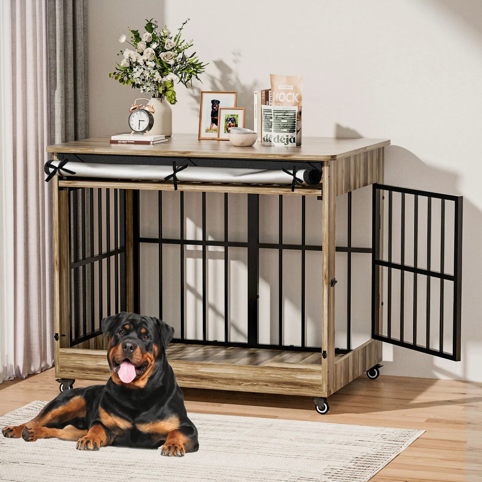 Luxury XL Wooden Dog Crate – Furniture-Style Kennel with Wheels, Double Doors & Reinforced Steel Bars