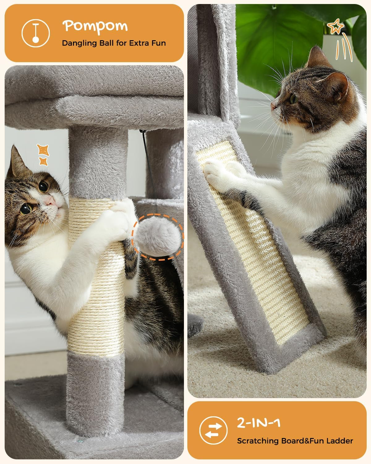 Cat Tree 30" — Dual Condos, Padded Perch, Scratching Ramp & Posts, 2 Dangling Balls | Plush Cat Tower for Indoor Cats | Sturdy, Wall-Anchorable | Gray