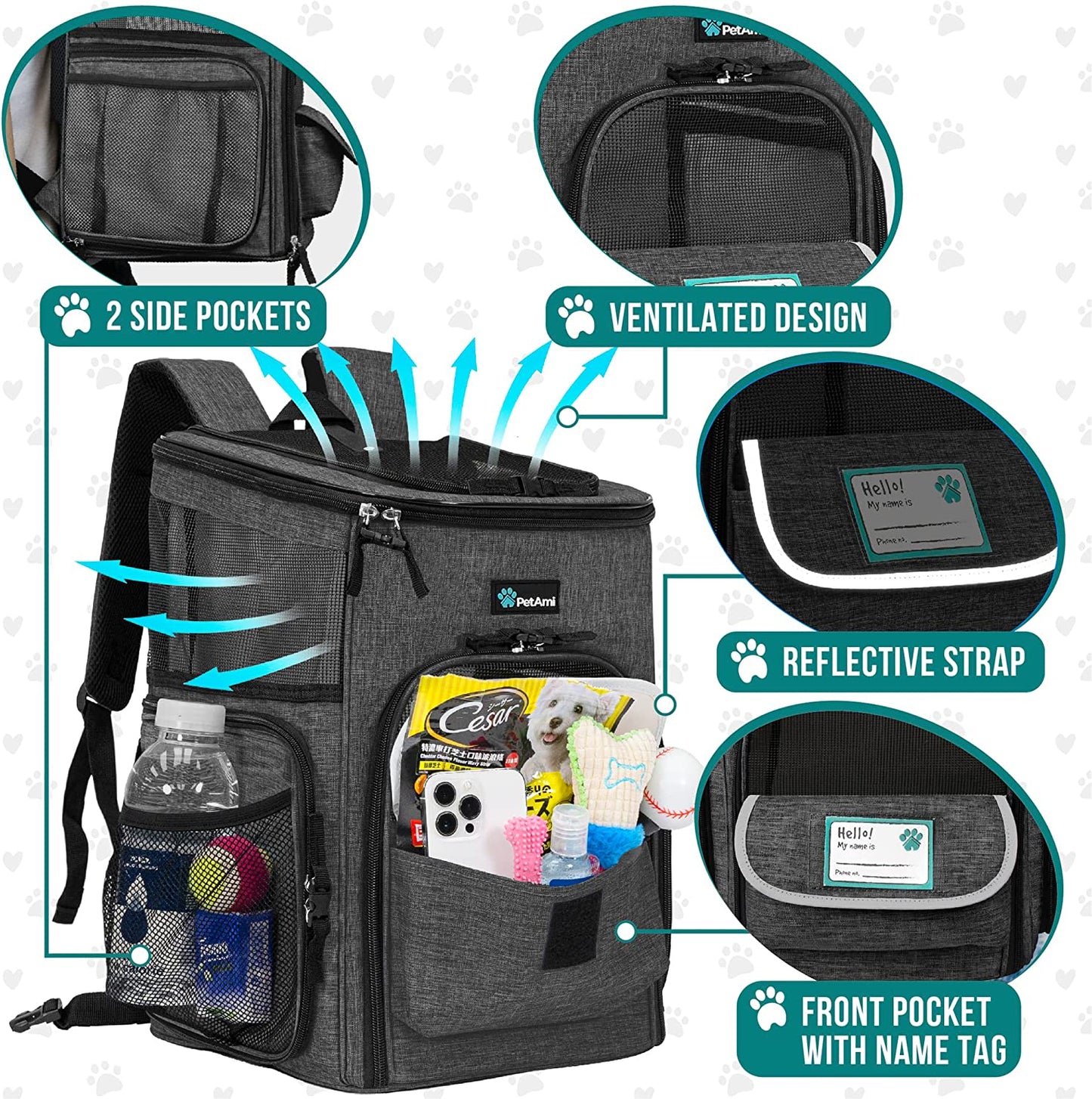Dog & Cat Backpack Carrier — Airline Approved, 4-Way Entry, Ventilated Mesh | Fits Pets up to 18 lbs | Collapsible, Sherpa Cushion & Safety Leash Clip | Hiking & Travel | Charcoal Gray