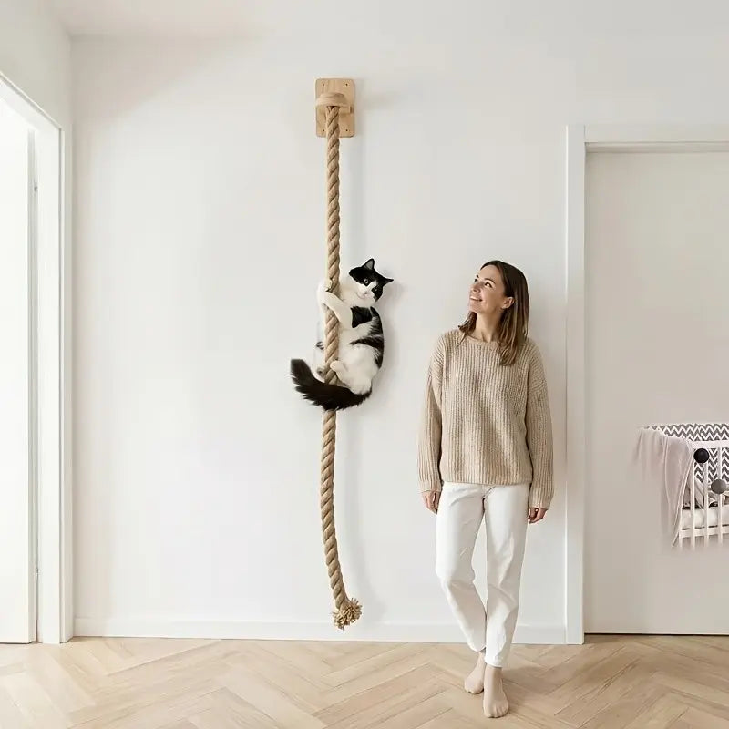 Vertical Cat Climbing Frame — Natural Hemp Rope Scratching Post | Wall-Mounted, Space-Saving Design | Indoor Cat Exercise & Activity Toy | Wall Hook Included