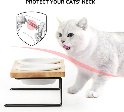 Elevated Ceramic Cat Bowls with Solid Wood Stand — Raised Food & Water Feeder Set for Cats & Puppies | Whisker-Friendly, Dishwasher Safe, Non-Slip | SGS Certified Food-Grade