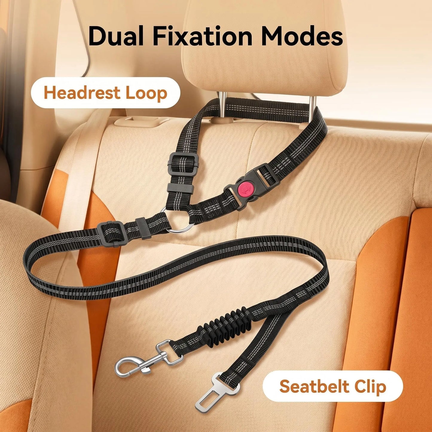 Adjustable Dog Car Seat Belt — Dual Fixing Design with Headrest Attachment & Seat Buckle | Shock-Absorbing, Heavy-Duty Metal Clip | For Small & Large Dogs | Safe & Comfortable Car Rides
