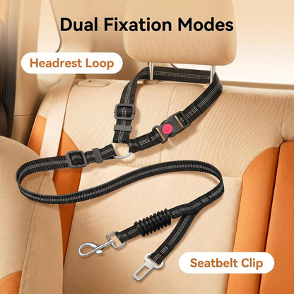 Adjustable Dog Car Seat Belt — Dual Fixing Design with Headrest Attachment & Seat Buckle | Shock-Absorbing, Heavy-Duty Metal Clip | For Small & Large Dogs | Safe & Comfortable Car Rides