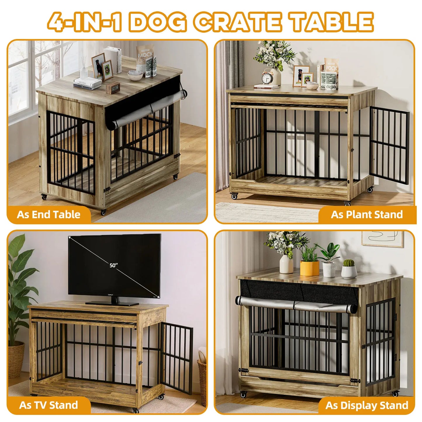 Luxury XL Wooden Dog Crate – Furniture-Style Kennel with Wheels, Double Doors & Reinforced Steel Bars