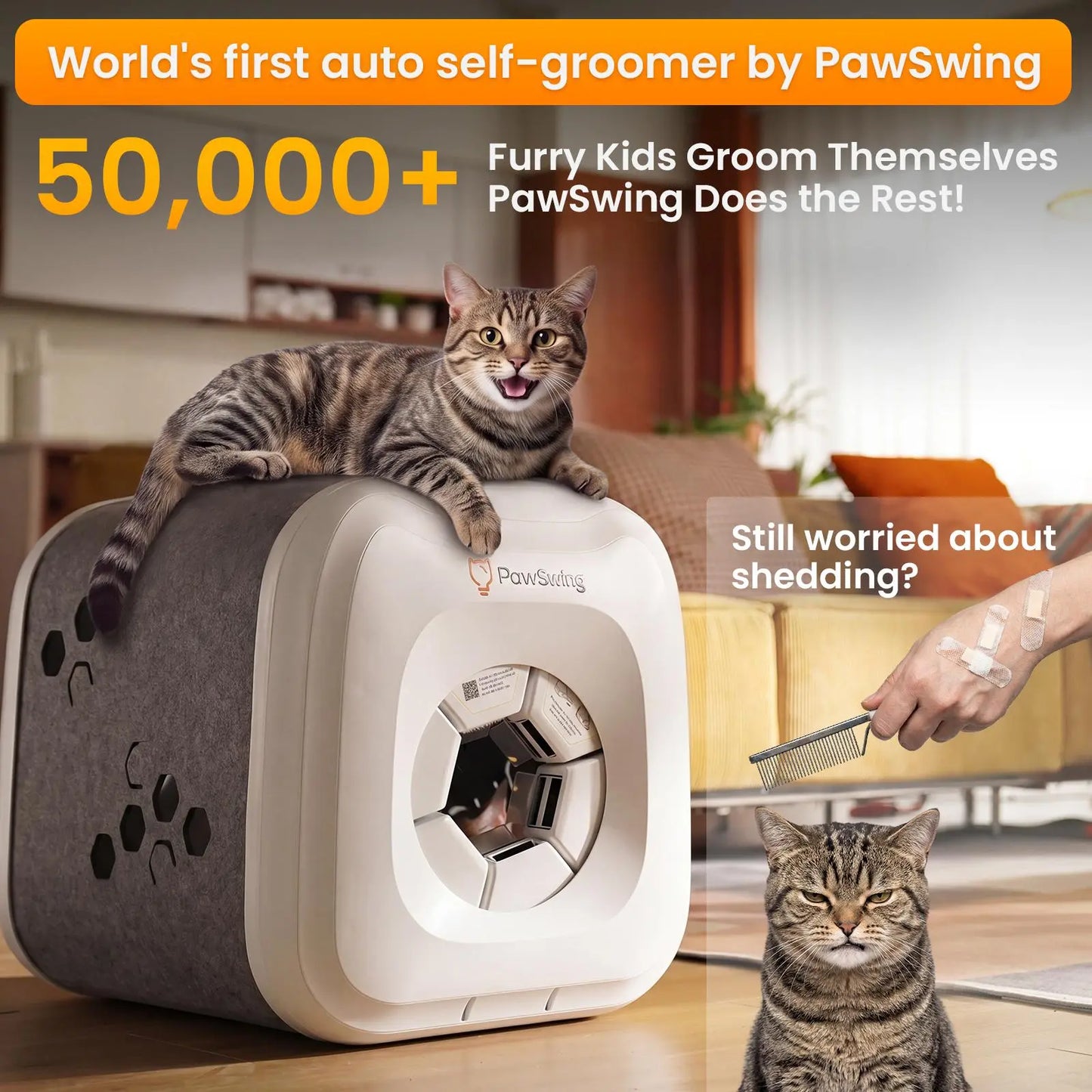 Pawswing Neo Cat Self-Groomer — 360° Hands-Free Brush for Shedding & Hairball Control | Tongue-Mimicking Bristles | Auto Fur Collection | No Batteries Needed