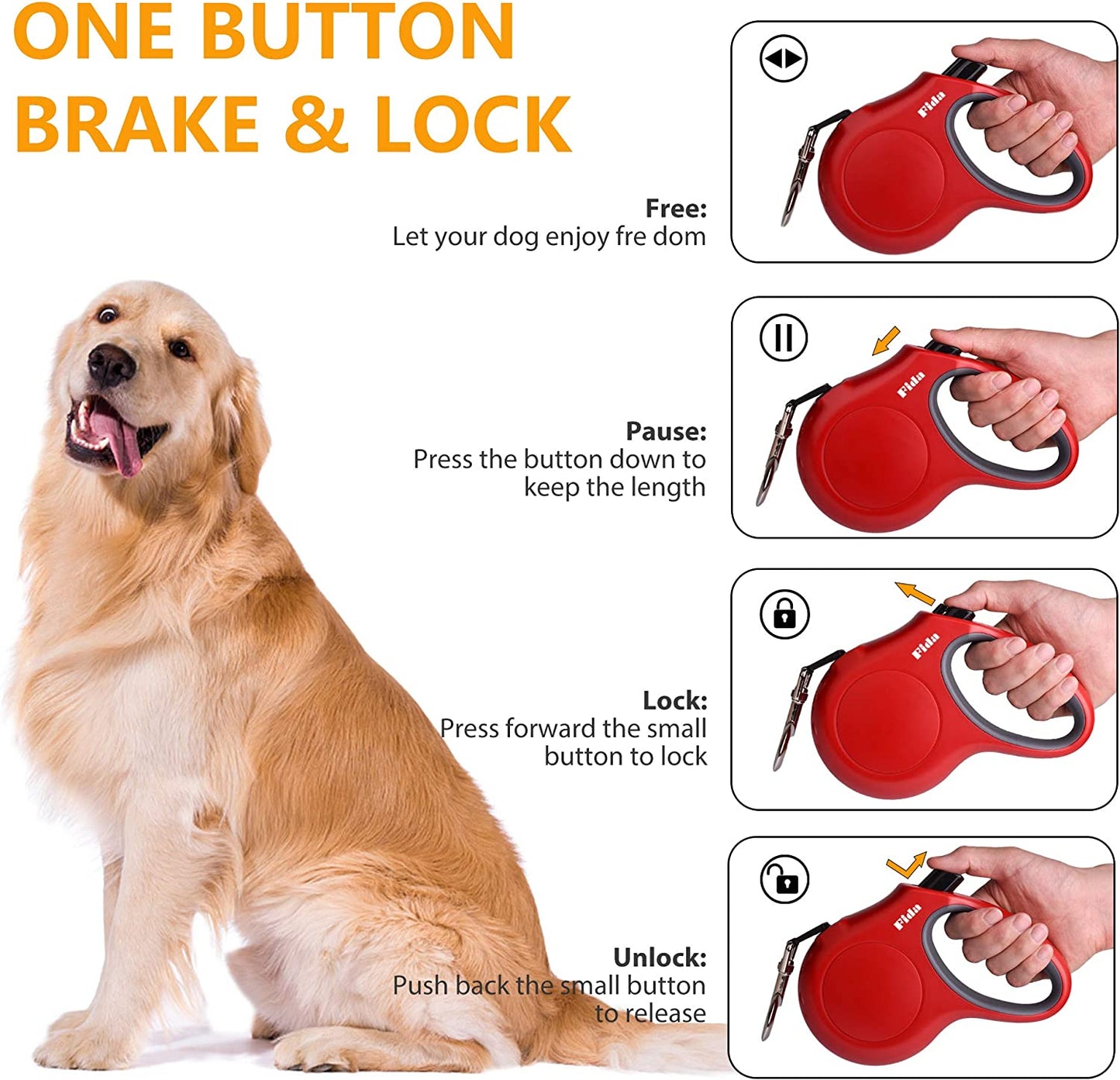 Retractable Dog Leash with Poop Bag Dispenser — 16ft, Anti-Slip Handle, Reflective & Tangle-Free Nylon Tape | For Medium Dogs & Cats up to 44 lbs | Medium, Red