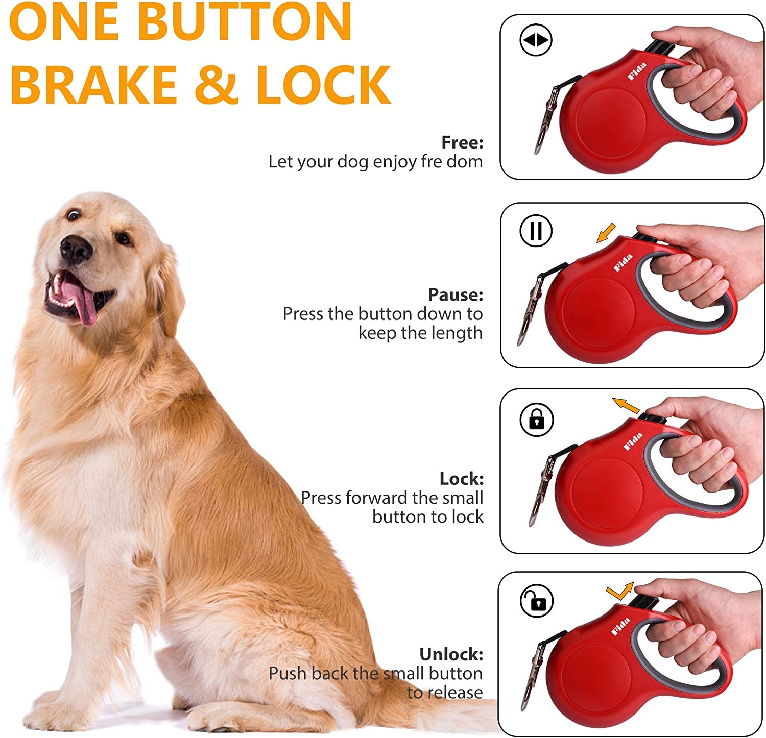 Retractable Dog Leash with Poop Bag Dispenser — 16ft, Anti-Slip Handle, Reflective & Tangle-Free Nylon Tape | For Medium Dogs & Cats up to 44 lbs | Medium, Red