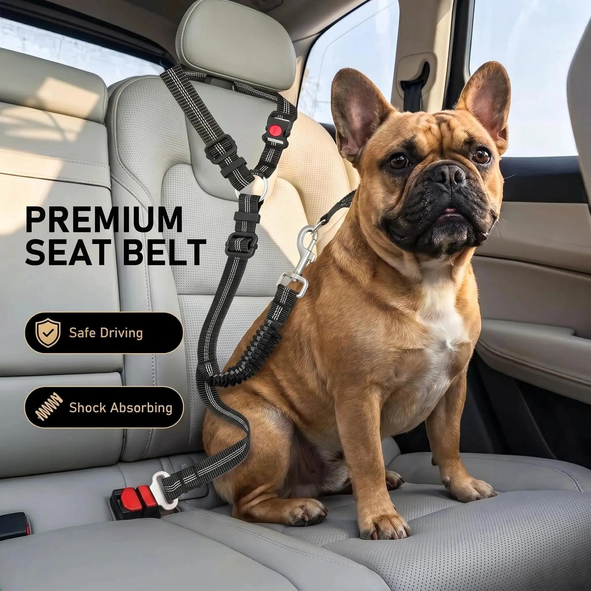 Adjustable Dog Car Seat Belt — Dual Fixing Design with Headrest Attachment & Seat Buckle | Shock-Absorbing, Heavy-Duty Metal Clip | For Small & Large Dogs | Safe & Comfortable Car Rides