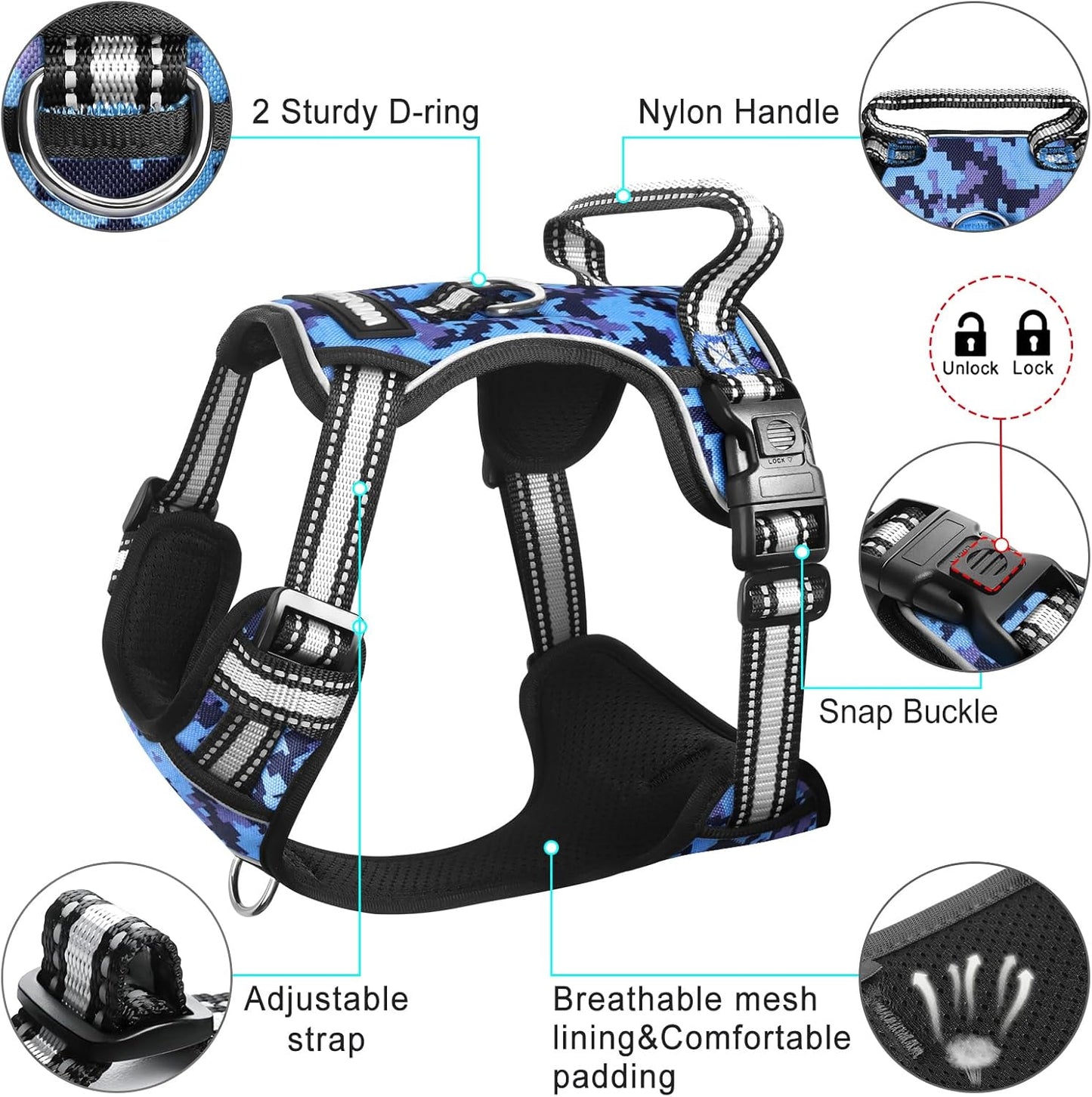 WINSEE No-Pull Dog Harness with Lockable Collar — Dual Front & Back Leash Clips, Reflective Straps & Top Handle | 1680D Oxford, Breathable Mesh | For Medium & Large Dogs