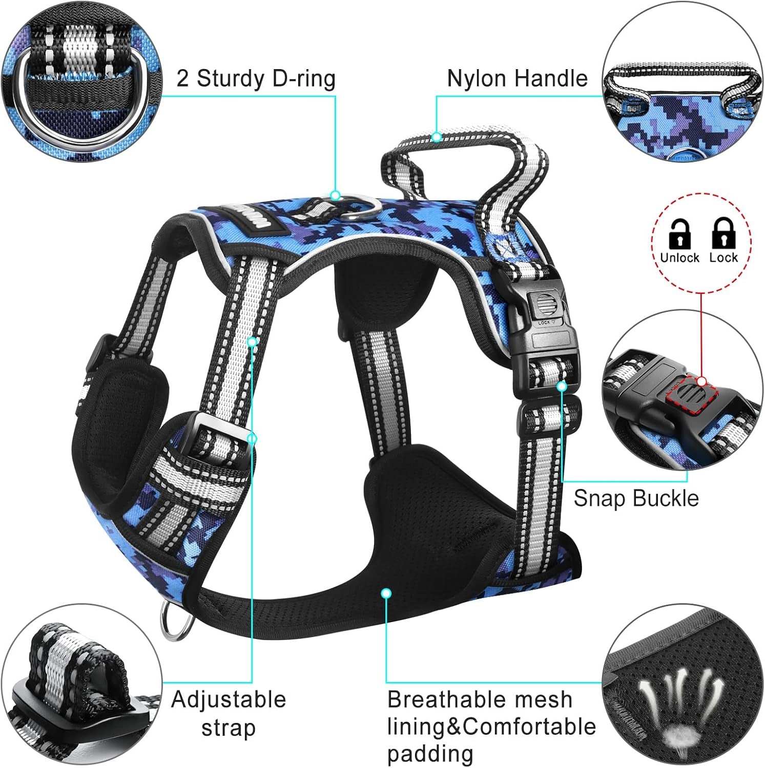WINSEE No-Pull Dog Harness with Lockable Collar — Dual Front & Back Leash Clips, Reflective Straps & Top Handle | 1680D Oxford, Breathable Mesh | For Medium & Large Dogs