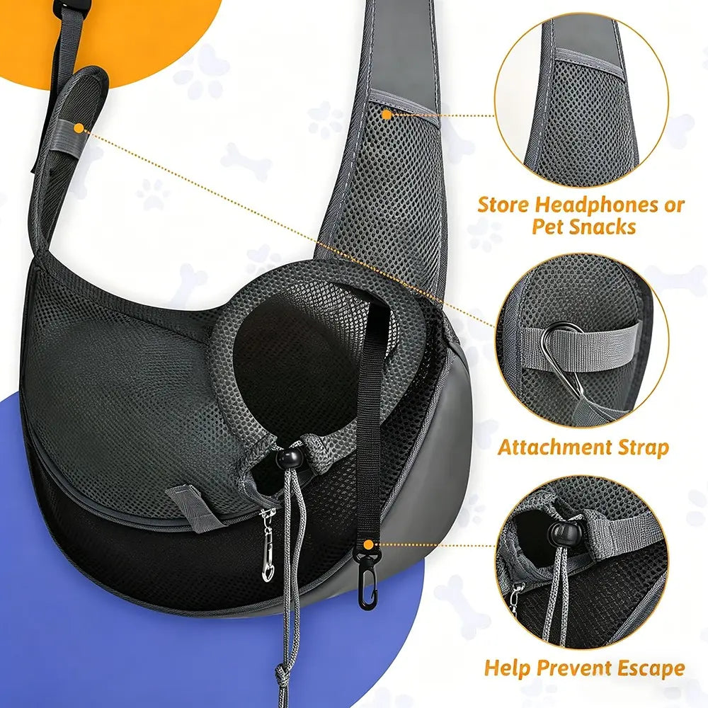 Pet Sling Carrier for Small Dogs & Cats — Hands-Free Crossbody Bag with Safety Hook, Breathable Mesh & Large Zipper Pocket | Adjustable Strap for Outdoor Use