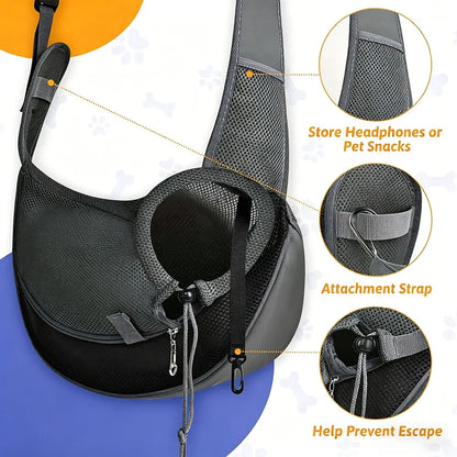 Pet Sling Carrier for Small Dogs & Cats — Hands-Free Crossbody Bag with Safety Hook, Breathable Mesh & Large Zipper Pocket | Adjustable Strap for Outdoor Use