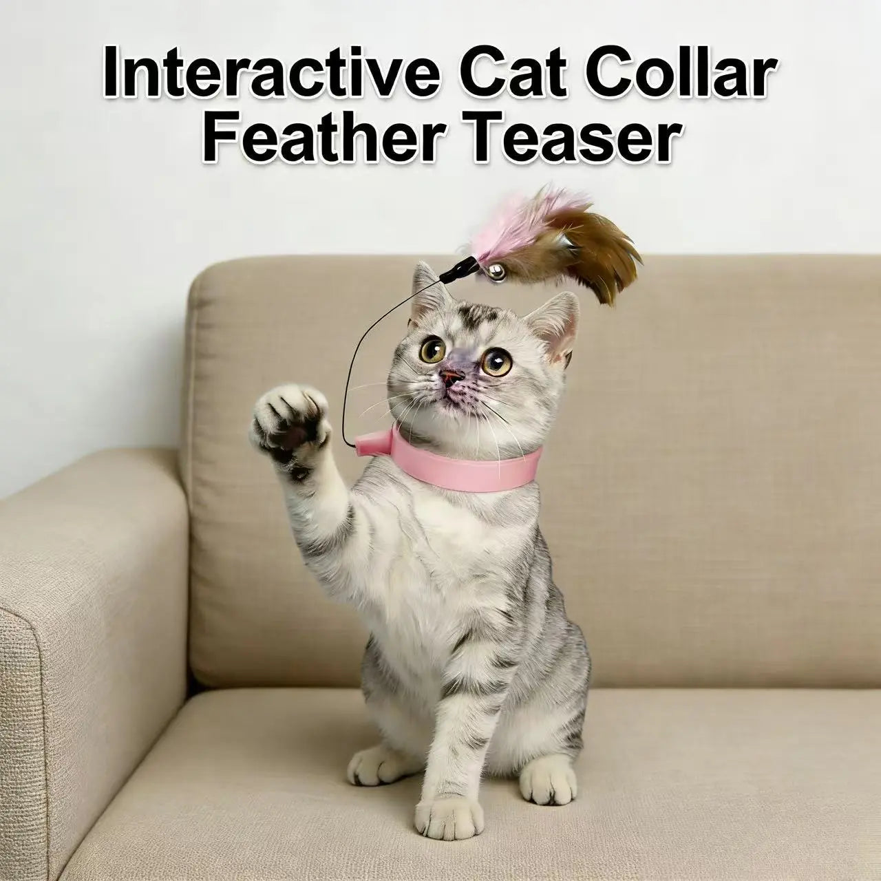 Feather Cat Toy Collar — Interactive Wand Teaser with Bell | Adjustable Silicone Neck Collar | Indoor Hunting & Exercise Toy for Cats & Kittens