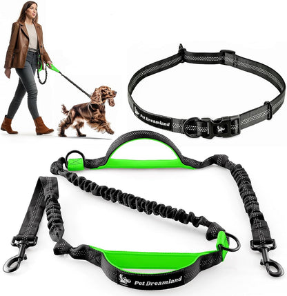 Hands-Free Dog Leash with Waist Belt — Triple Bungee Shock-Absorbing Leash for Medium Dogs | 2 Padded Handles, Reflective Stitching | Running, Walking, Hiking & Skijoring