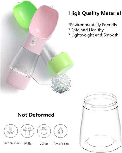 Portable Dog Water Bottle with Bowl & Food Container — 2-in-1 Leak-Proof Travel Dispenser | 250ml Water + 200ml Food | Dishwasher Safe, Food-Grade Plastic | For Outdoor Walking & Hiking | Green