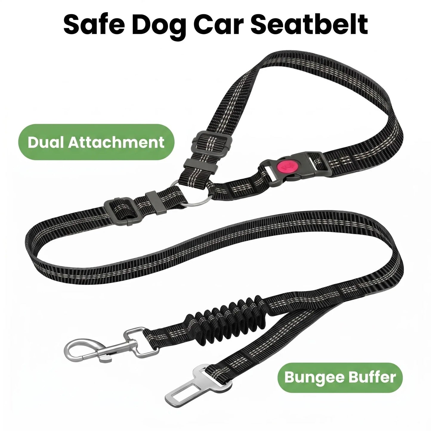 Adjustable Dog Car Seat Belt — Dual Fixing Design with Headrest Attachment & Seat Buckle | Shock-Absorbing, Heavy-Duty Metal Clip | For Small & Large Dogs | Safe & Comfortable Car Rides
