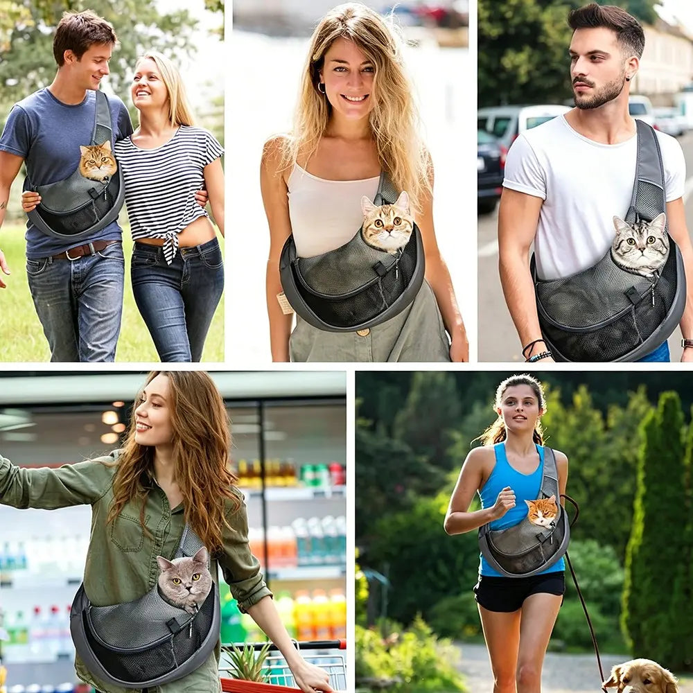 Pet Sling Carrier for Small Dogs & Cats — Hands-Free Crossbody Bag with Safety Hook, Breathable Mesh & Large Zipper Pocket | Adjustable Strap for Outdoor Use