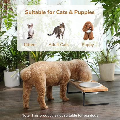 Elevated Ceramic Cat Bowls with Solid Wood Stand — Raised Food & Water Feeder Set for Cats & Puppies | Whisker-Friendly, Dishwasher Safe, Non-Slip | SGS Certified Food-Grade