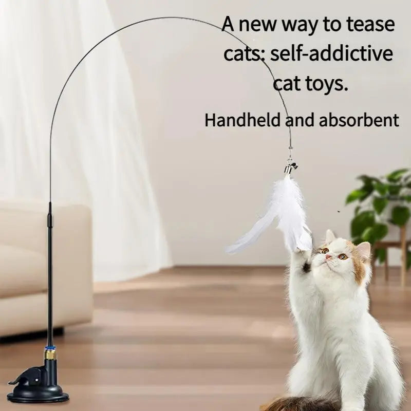 Suction Cup Feather Cat Toy — 2-in-1 Interactive Wand & Hands-Free Kitten Toy | Strong Suction Base for Floor, Wall & Window | Relieves Boredom & Anxiety
