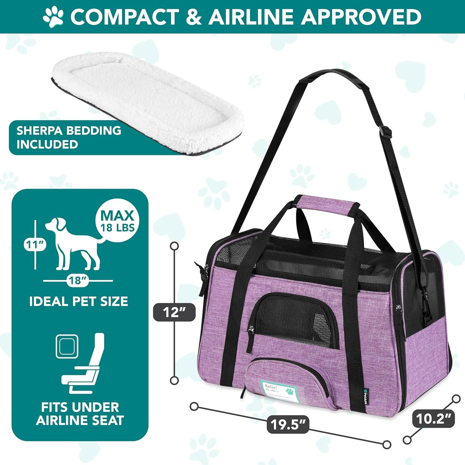 Airline Approved Pet Carrier — Soft-Sided TSA Travel Bag for Cats & Small Dogs up to 18 lbs | Sherpa Bed, Collapsible Bowl & Breathable Mesh | Large, Heather Purple