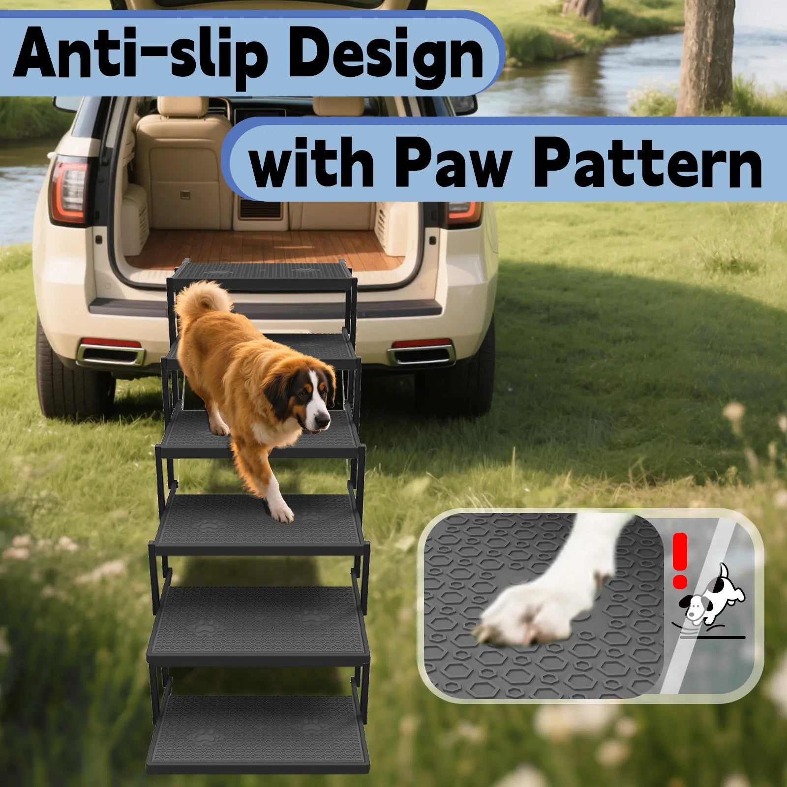 Foldable Dog Stairs for Car — 6-Step Pet Ramp | Anti-Slip, 220 lbs Capacity | Portable Steps for Large Dogs & Seniors