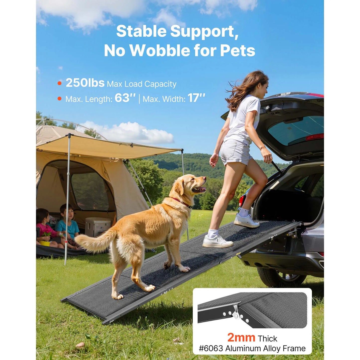 Vevor Folding Dog Ramp for Cars — 63" Aluminum Pet Ramp for SUVs & Trucks | 250 lbs Capacity | Non-Slip Surface | Portable, Quick-Fold Design for Medium & Large Dogs