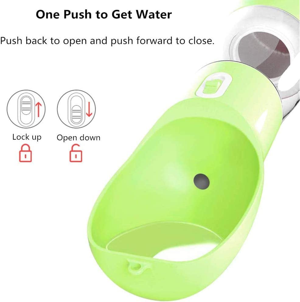 Portable Dog Water Bottle with Bowl & Food Container — 2-in-1 Leak-Proof Travel Dispenser | 250ml Water + 200ml Food | Dishwasher Safe, Food-Grade Plastic | For Outdoor Walking & Hiking | Green