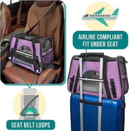 Airline Approved Pet Carrier — Soft-Sided TSA Travel Bag for Cats & Small Dogs up to 18 lbs | Sherpa Bed, Collapsible Bowl & Breathable Mesh | Large, Heather Purple