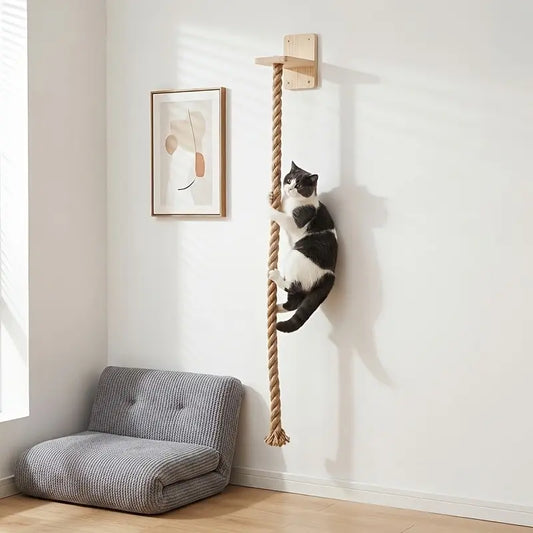 Vertical Cat Climbing Frame — Natural Hemp Rope Scratching Post | Wall-Mounted, Space-Saving Design | Indoor Cat Exercise & Activity Toy | Wall Hook Included
