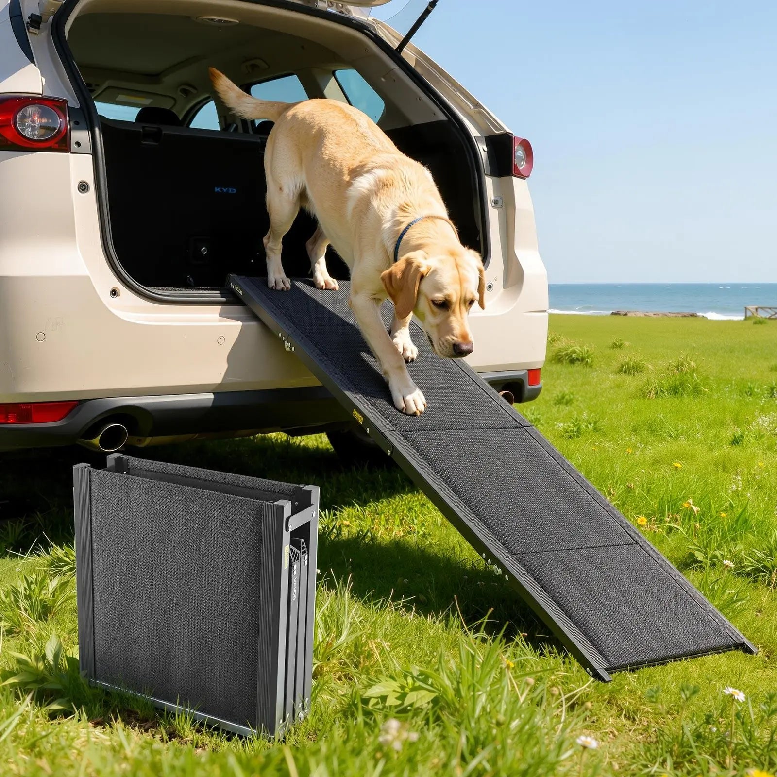 Vevor Folding Dog Ramp for Cars — 63" Aluminum Pet Ramp for SUVs & Trucks | 250 lbs Capacity | Non-Slip Surface | Portable, Quick-Fold Design for Medium & Large Dogs