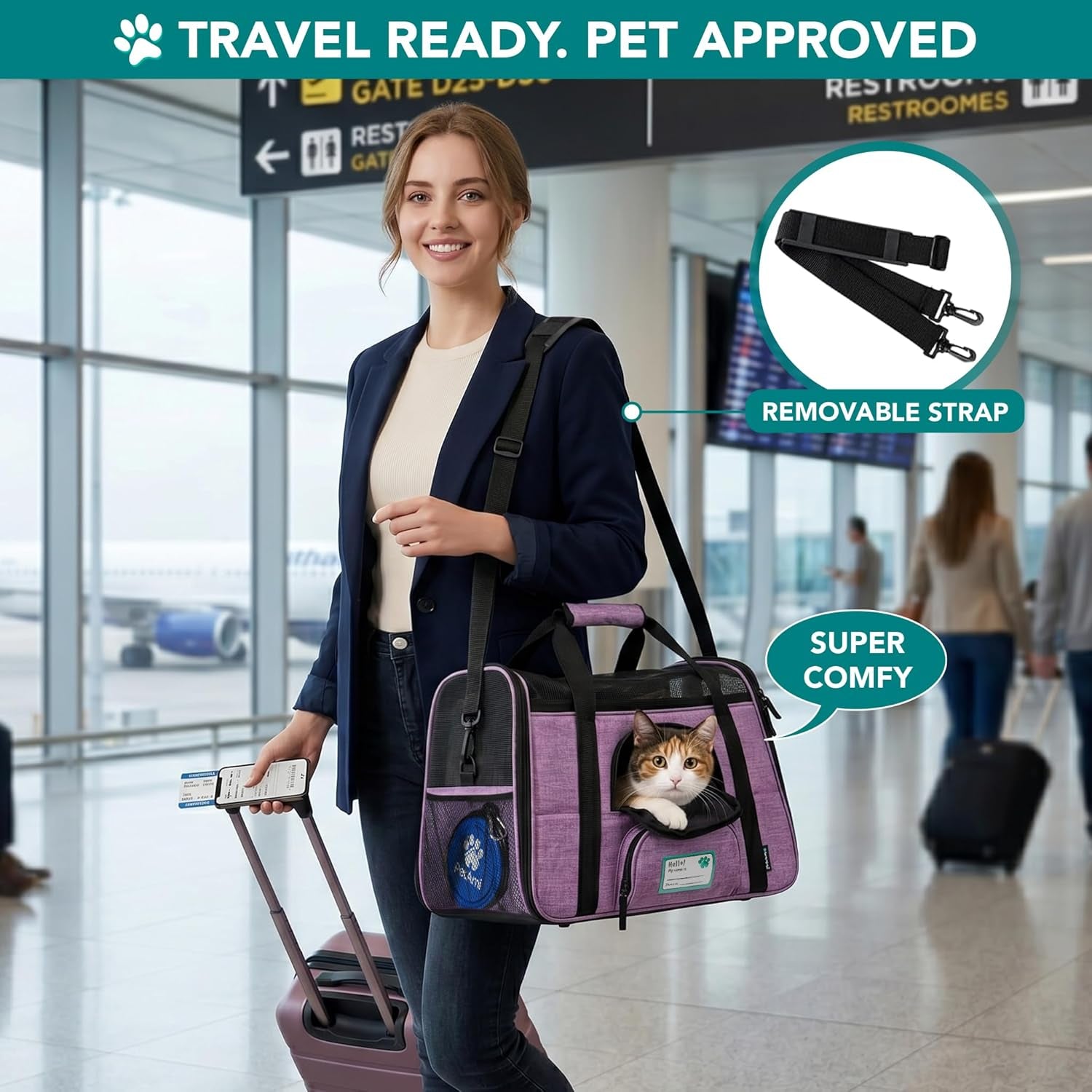 Airline Approved Pet Carrier — Soft-Sided TSA Travel Bag for Cats & Small Dogs up to 18 lbs | Sherpa Bed, Collapsible Bowl & Breathable Mesh | Large, Heather Purple