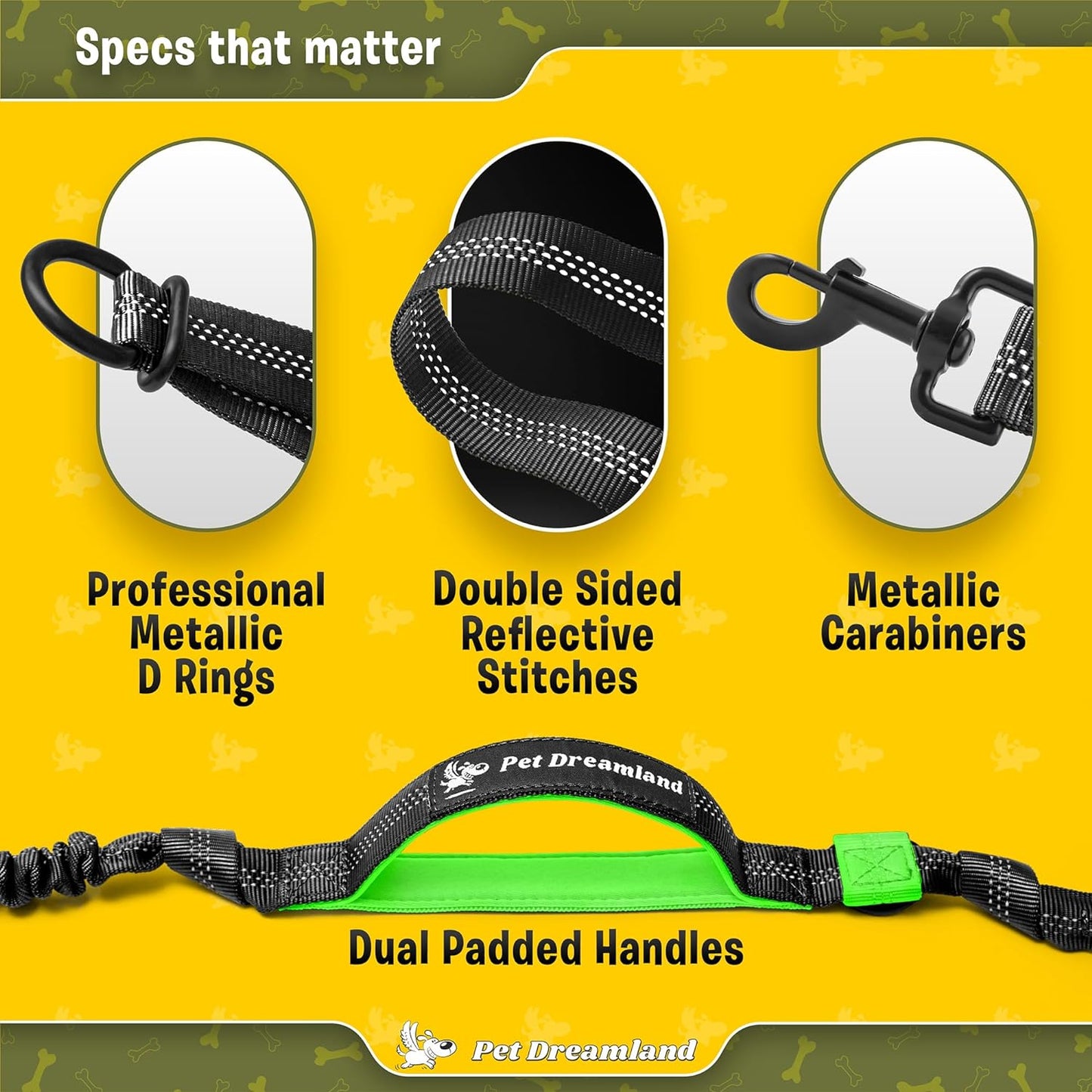 Hands-Free Dog Leash with Waist Belt — Triple Bungee Shock-Absorbing Leash for Medium Dogs | 2 Padded Handles, Reflective Stitching | Running, Walking, Hiking & Skijoring