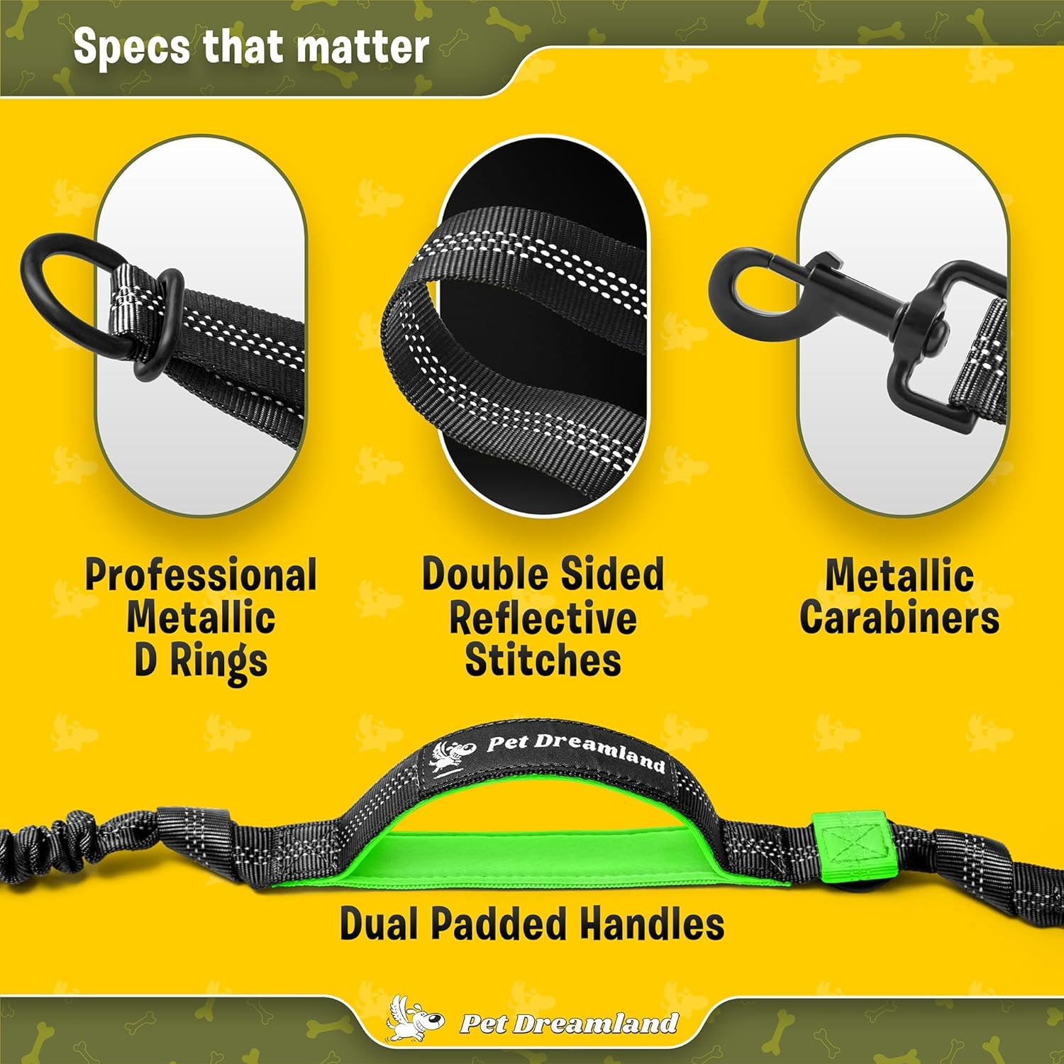 Hands-Free Dog Leash with Waist Belt — Triple Bungee Shock-Absorbing Leash for Medium Dogs | 2 Padded Handles, Reflective Stitching | Running, Walking, Hiking & Skijoring