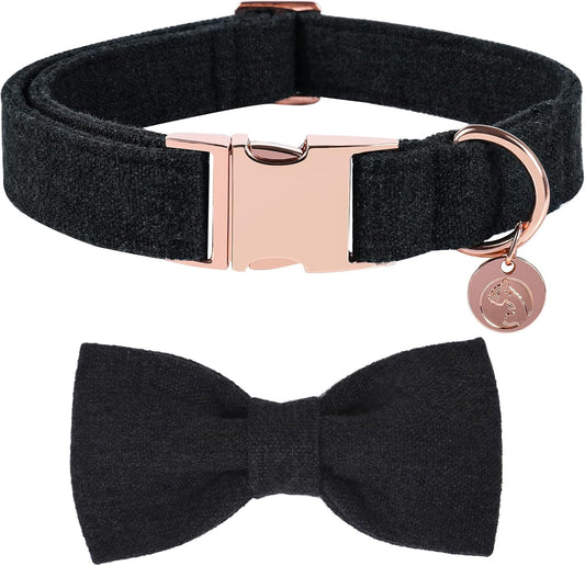 Hemp Cotton Dog Collar with Removable Bow — Natural, Breathable & Durable | Quick-Release Metal Buckle & D-Ring | Adjustable for Small, Medium & Large Dogs | Black