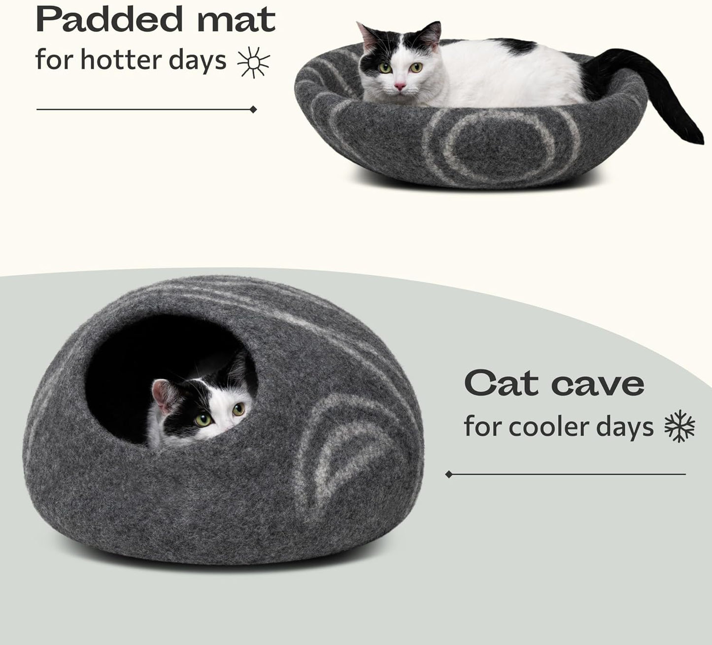 Meowfia Cat Cave Bed — Handmade Merino Wool Cat Hideaway for Indoor Cats | Eco-Friendly, Temperature-Regulating, Dual-Use | Dark Gray, Medium