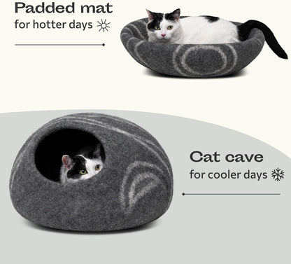 Meowfia Cat Cave Bed — Handmade Merino Wool Cat Hideaway for Indoor Cats | Eco-Friendly, Temperature-Regulating, Dual-Use | Dark Gray, Medium