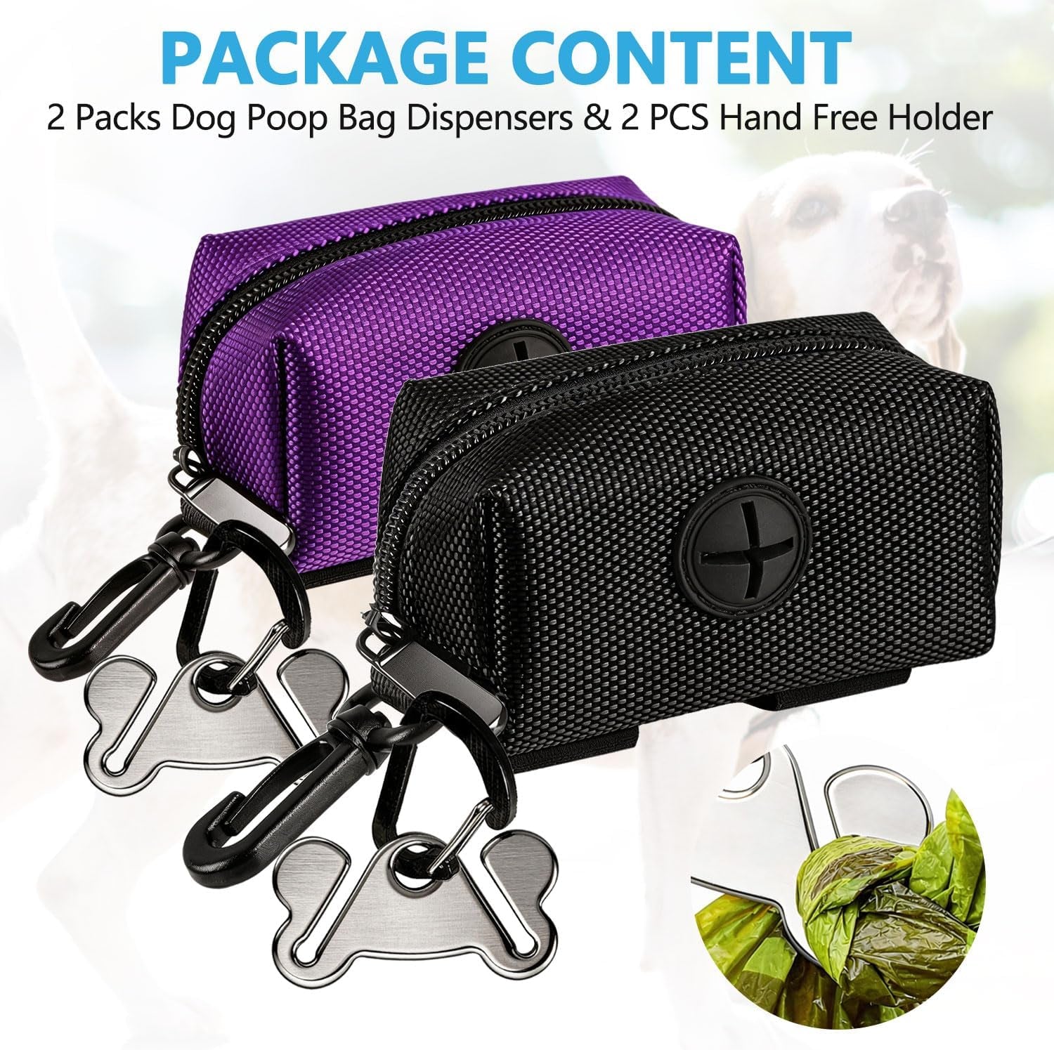 Dog Poop Bag Dispenser & Carrier Set — 2 Pack, Purple & Black | Soft Oxford Fabric, Leash Attachment | Hands-Free Walking Set with Waste Bag Holder | Fits Any Leash or Harness